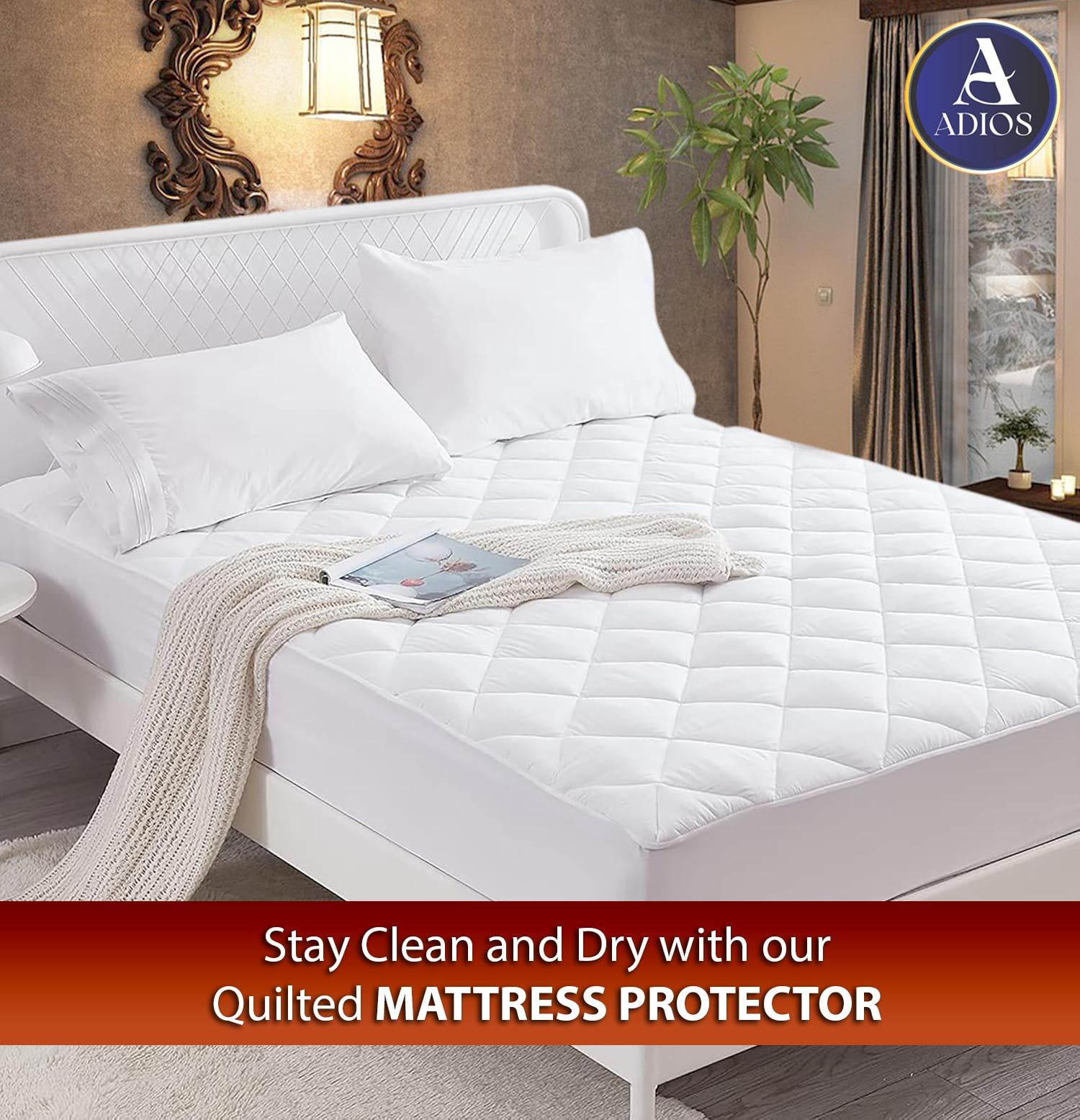 A Adios Quilted Premium Fitted Mattress Protector, King - Quilted design, Stretch Up to 16 inch, Soft and Fluffy, Machine Washable, Size (76 x80) King.