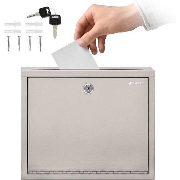 Adir Metal Suggestion Box with Lock and Slot, Wall Mount Deposit Box for Payments and Checks, Office Mail Box for Employees, Mailbox for House, Safe Drop Box with Keys - 3x10x12 Inch Beige