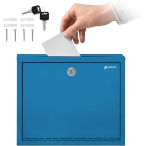 Adir Metal Suggestion Box with Lock and Slot, Wall Mount Deposit Box for Payments and Checks, Office Mail Box for Employees, Mailbox for House, Safe Drop Box with Keys - 3x10x12 Inch Blue