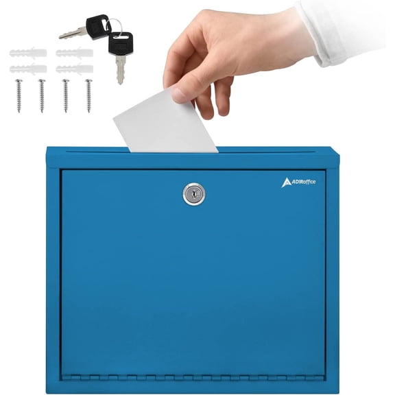 Adir Metal Suggestion Box with Lock and Slot, Wall Mount Deposit Box for Payments and Checks, Office Mail Box for Employees, Mailbox for House, Safe Drop Box with Keys - 3x10x12 Inch Blue