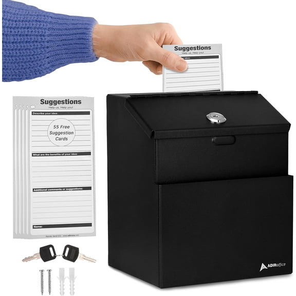Adir Suggestion Box with Lock - Metal Donation Fundraising Ballot Prayer Box with 55 Free Suggestion Forms Cards & 2 Keys (Wall Mounted - Black)