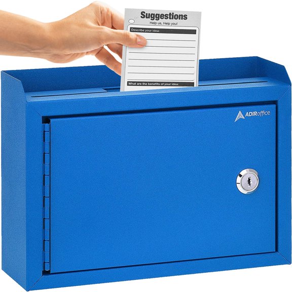 Adir Suggestion Box with Slot and Lock - Drop Box with Lock, Cash Dropbox - 9.8x7.5x3.4 In. Metal Deposit Box in Blue