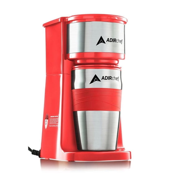 AdirChef Single Serve Coffee Maker, 15 oz. Capacity, Grab & Go, W/Coffee Mug, Red