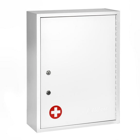 AdirMed Locking Medicine Cabinet Wall Mounted First Aid Cabinet with Lock, Lockable Wall Medicine Cabinet with Dual Lock and Dual Keys, 21" H x 16" W x 6" D, White