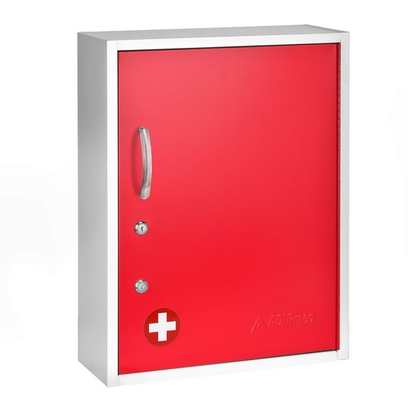 AdirMed Red Locking Medication Cabinet with Document Pocket, Metal Wall Mounted Medication Cabinet with Dual Lock and Dual Keys, 21" H x 16" W x 6" D