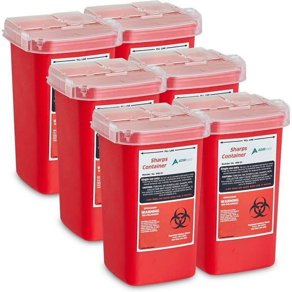 AdirMed Sharps Disposal Container with Flip Open Lid - Biohazard and Syringe Disposal Container - Perfect for Home, Clinic, Office - Flip-Open - (1 Quart, 6-Pack)