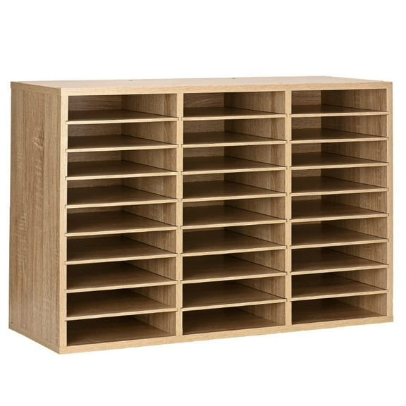 AdirOffice Classroom Mailbox - Wooden Literature Organizer , Construction Paper Storage Organizer , Mail Sorter with Slots , Office Mailboxes With Removable Shelf (27 Slot , Oak)