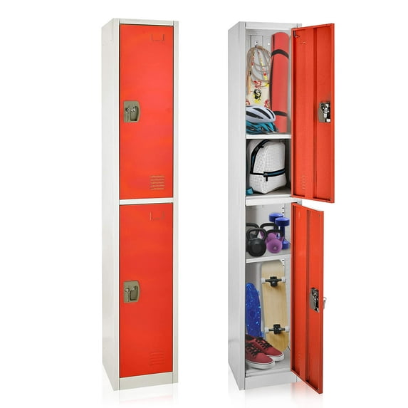 AdirOffice Large School Locker with 2 Doors 2 Hooks Storage Locker for Garage Storage - Office Storage Lockers (2 Door, Red)