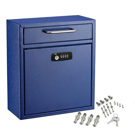 AdirOffice Ultimate Drop Box Wall-Mounted Mailbox - Hanging Secured Postbox - Durable Spacious Key or Combination Lock Box Great for After Hours Deposits Payments Key and Letter Drops (Medium, Blue)
