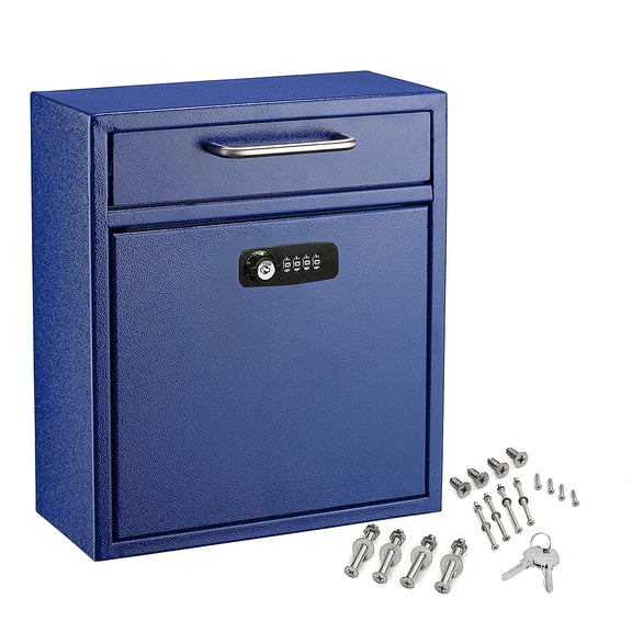 AdirOffice Ultimate Locking Wall Mounted Drop Box with Key and Combination Lock Medium Blue