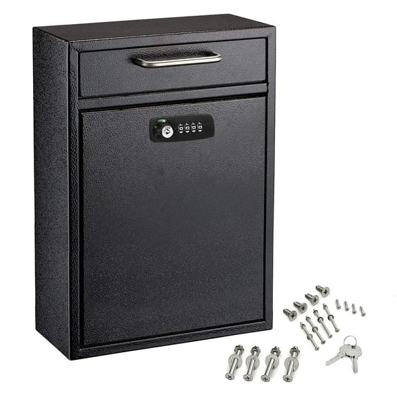 AdirOffice Wall Mount Mailbox - Combination Mailbox with Keys- Durable Wall Mounted Locking Mailbox and Cash Drop Box for House, Apartments or Bussiness After Hours Deposits (Large, Black)
