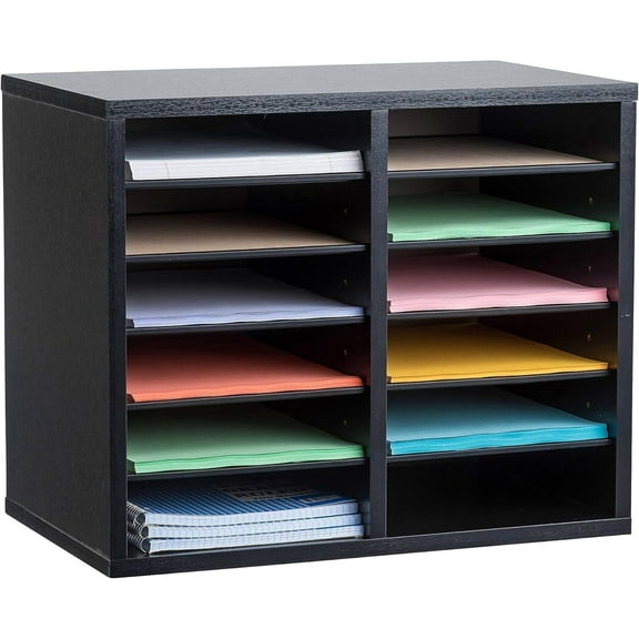 AdirOffice Wooden Adjustable Literature Organizer, 12 Compartment Office Mailbox, Black