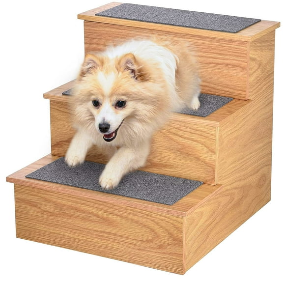 AdirPets Deluxe 3-Step Pet Stairs with Non-Slip Surface and Carpeted Treads - Sleek Pet Steps for Small Dogs, Cats, Elderly or Disabled Pets - Supports Up to 175lbs Weight - Medium Oak