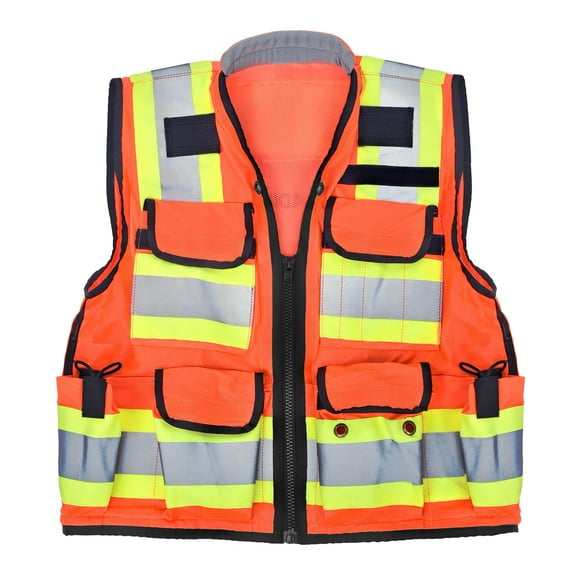 AdirPro Heavy Duty Safety Vest - ANSI-Compliant High Visibility Reflective Vest with Zipper and Utility Pockets for Surveyors, Engineers, Construction Workers (Class 2, Orange, Large)