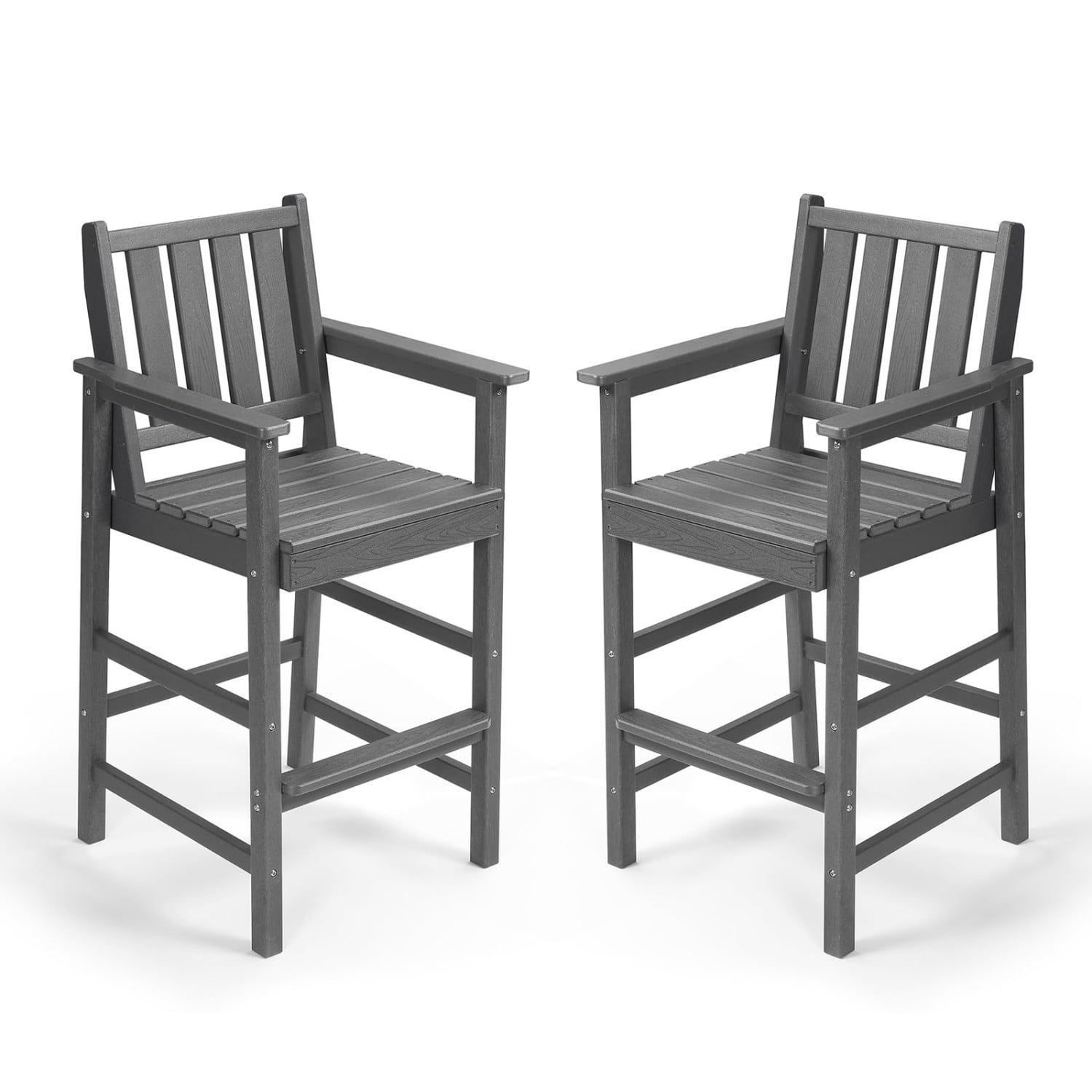 Adirondack Bar Chair Set of 2, HDPE Outdoor Bar Stools with Footrest, All Weather Adirondack Bar Height Chairs for Patio, Balcony, Porch, Deck, Poolside, Smoke Gray