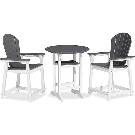 Adirondack Bar Height Table Set of 3, 34 Inch Round Outdoor Pub Table with 2 Adirondack Bar Stools, HDPE Plastic Patio Furniture for Garden, Yard, Poolside, All-Weather (White & Gray)