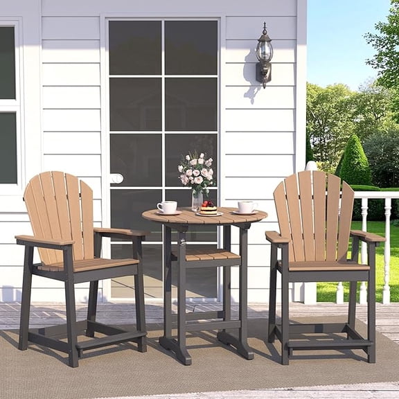 Adirondack Bar Height Table Set of 3, 34 Inch Round Outdoor Pub Table with 2 Adirondack Bar Stools, HDPE Plastic Patio Furniture for Garden, Yard, Poolside, All-Weather (Black & Brown)