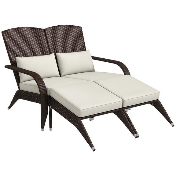 Adirondack Chair for 2, PE Rattan and Steel Outdoor Loveseat with Cushions and Footstools, High-Back Fire Pit Seating for Patio Porch Backyard, Cream White, 45.25 x 32.25 x 35.5 in