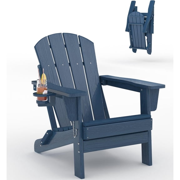 Adirondack Chair Folding, HDPE Outdoor Patio Chair with Cup Holder, All-Weather Deck Chair, Heavy Duty 380 lbs Capacity for Backyard, Fire Pit, Poolside Seating