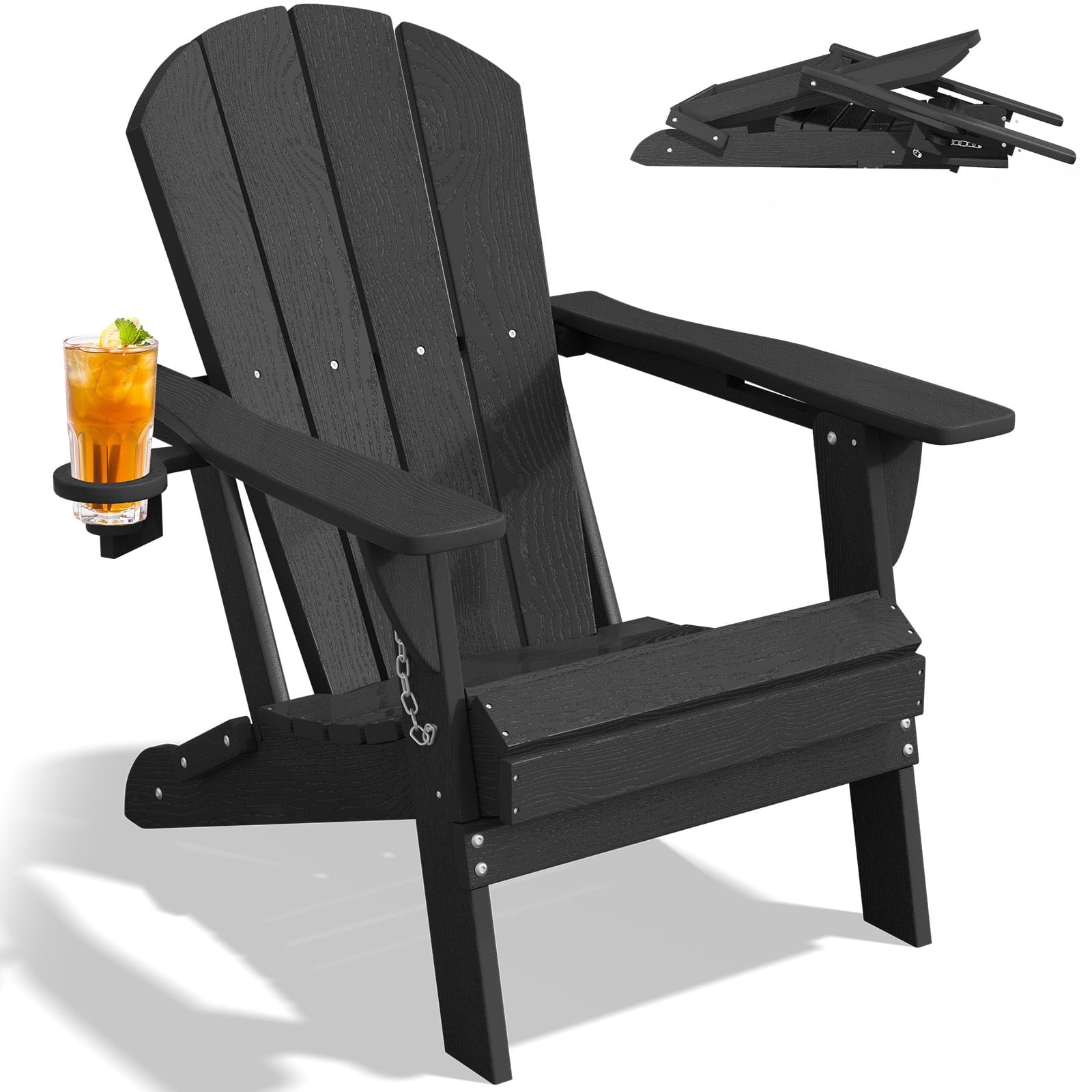 Easthome Adirondack Chair, HDPE All-Weather Outdoor Patio Lounge Chair with Cup Holder & 380lb Capacity for Deck, Garden, Poolside, Backyard - Black