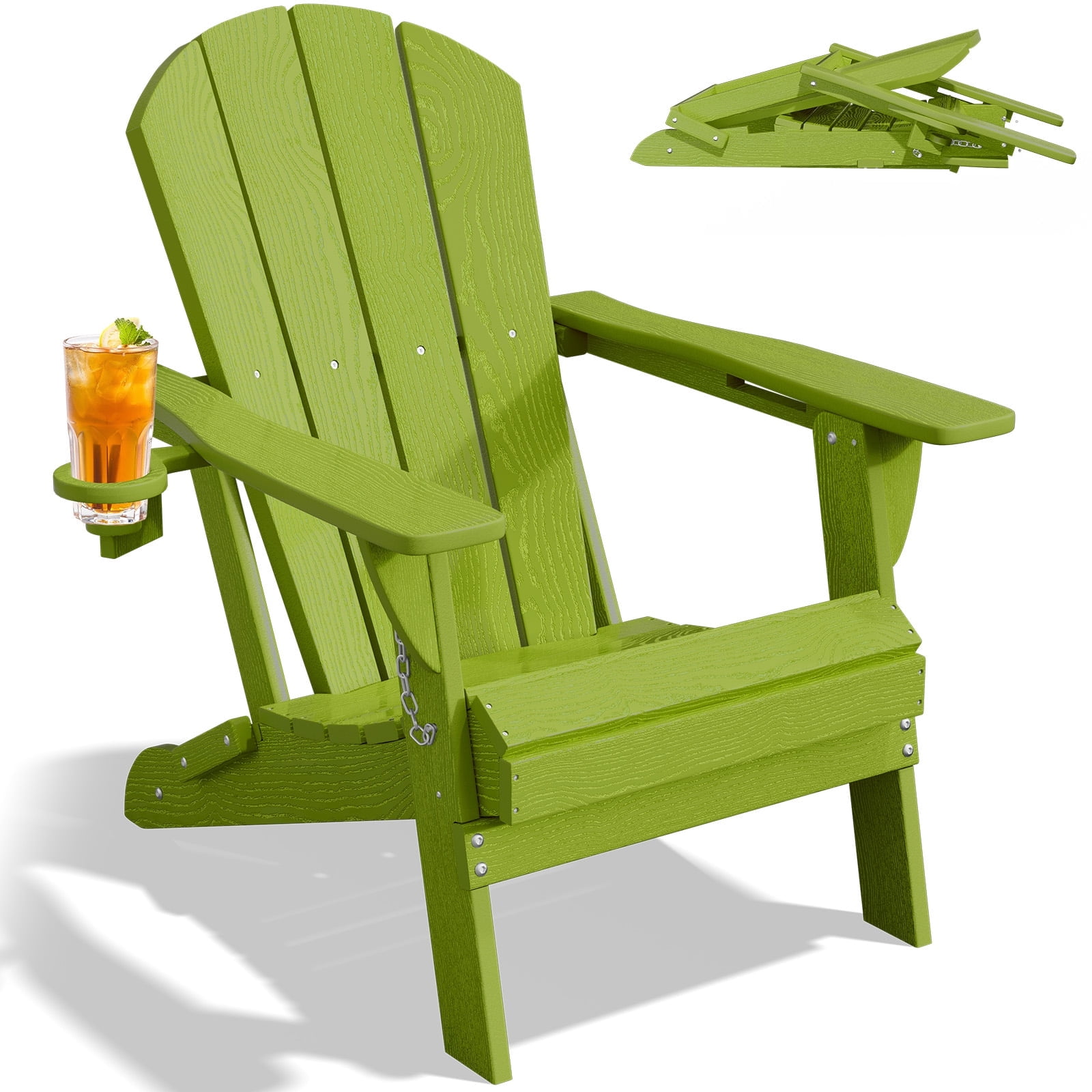 Easthome Adirondack Chair, HDPE All-Weather Outdoor Patio Lounge Chair with Cup Holder & 380lb Capacity for Deck, Garden, Poolside, Backyard - Green