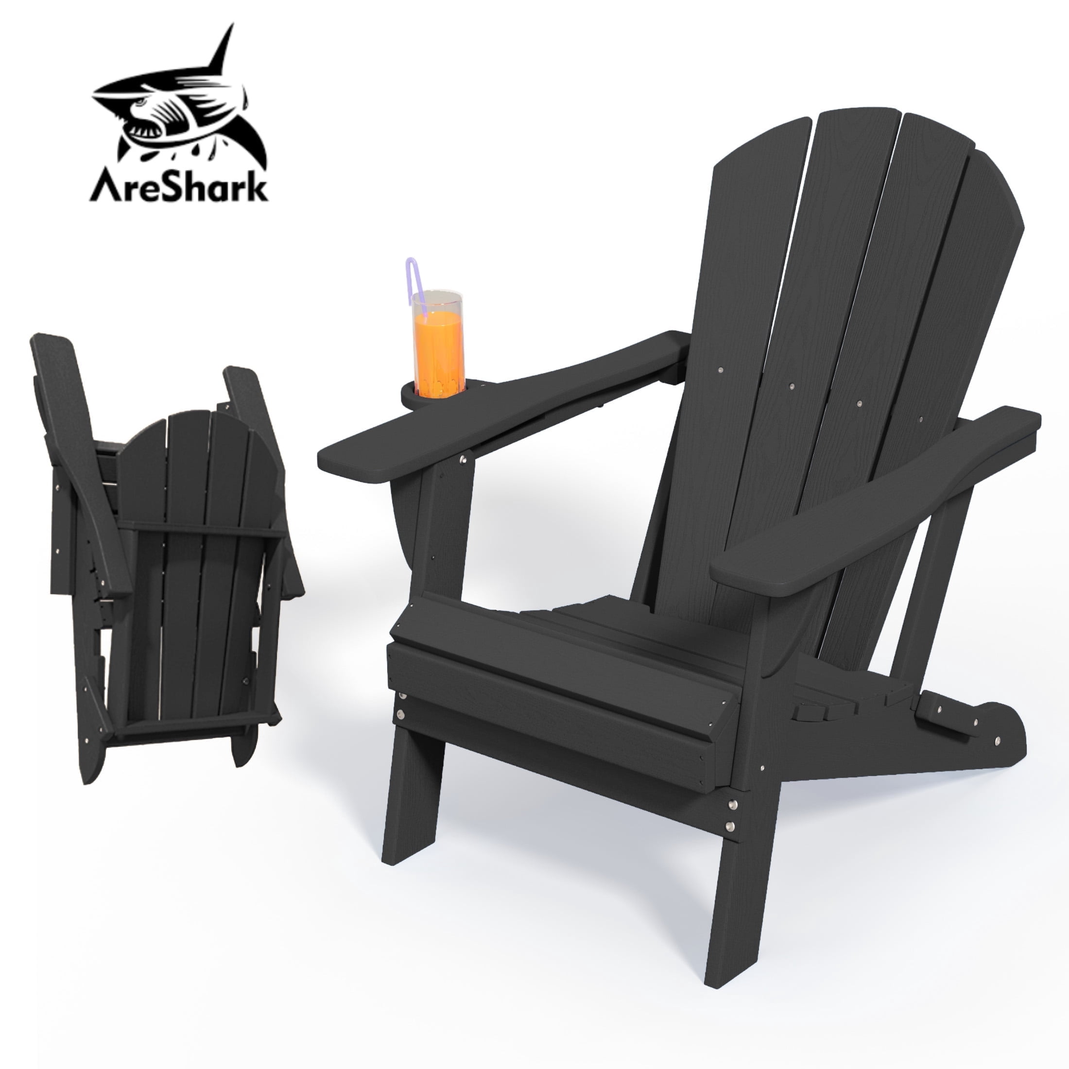 AreShark Adirondack Chair,HDPE All-Weather Patio Chairs Outdoor with Cup Holder, Lawn Chair with Weather Resistant for Outside Deck Lawn Garden, Weight Capacity Up to 380 Lbs –Black