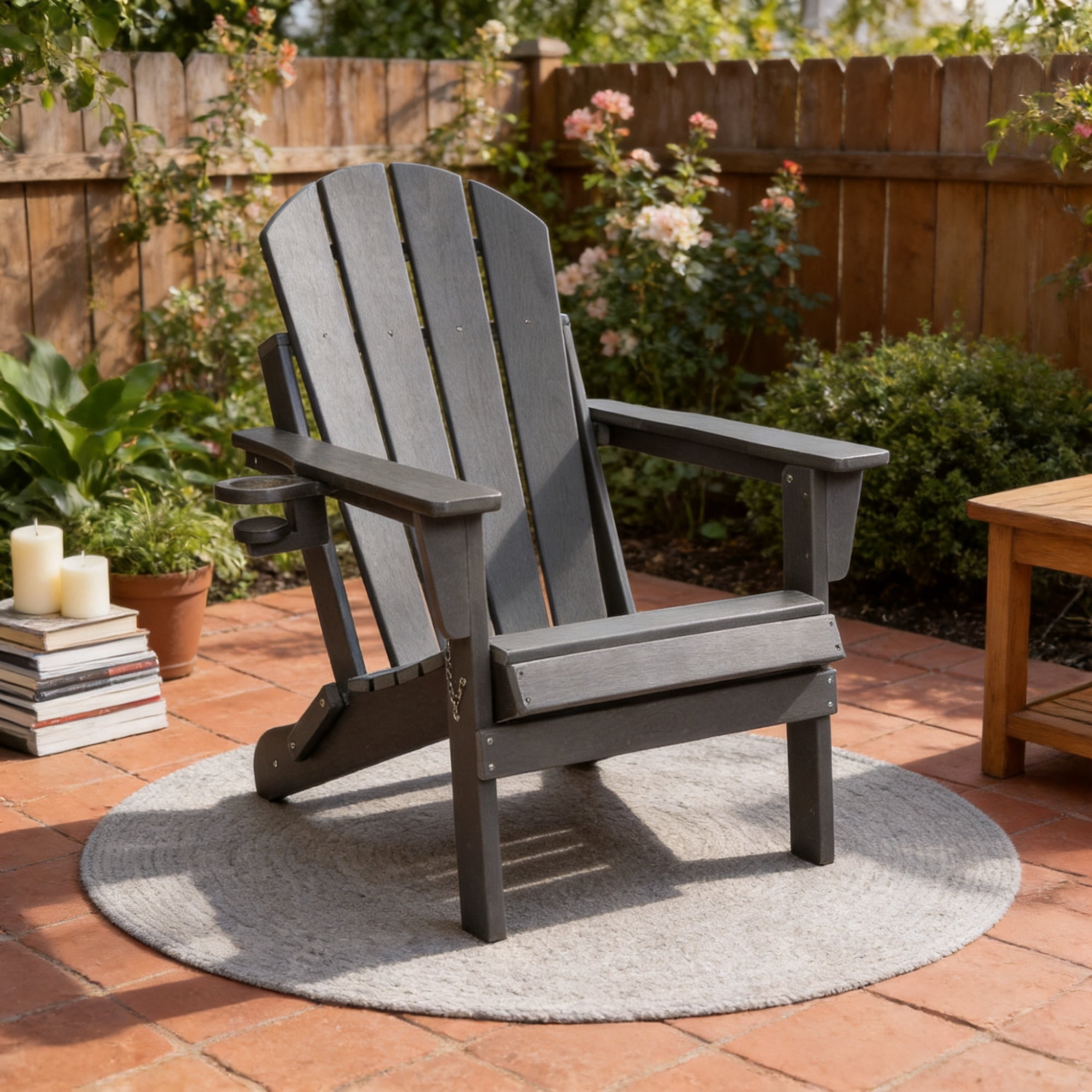 Adirondack Chair, Outdoor Chair, Folding Chair&nbsp;with Dual Cup Holder, HDPE Composite Folding Design and Wood Texture for Patio, Garden, Deck, Gray