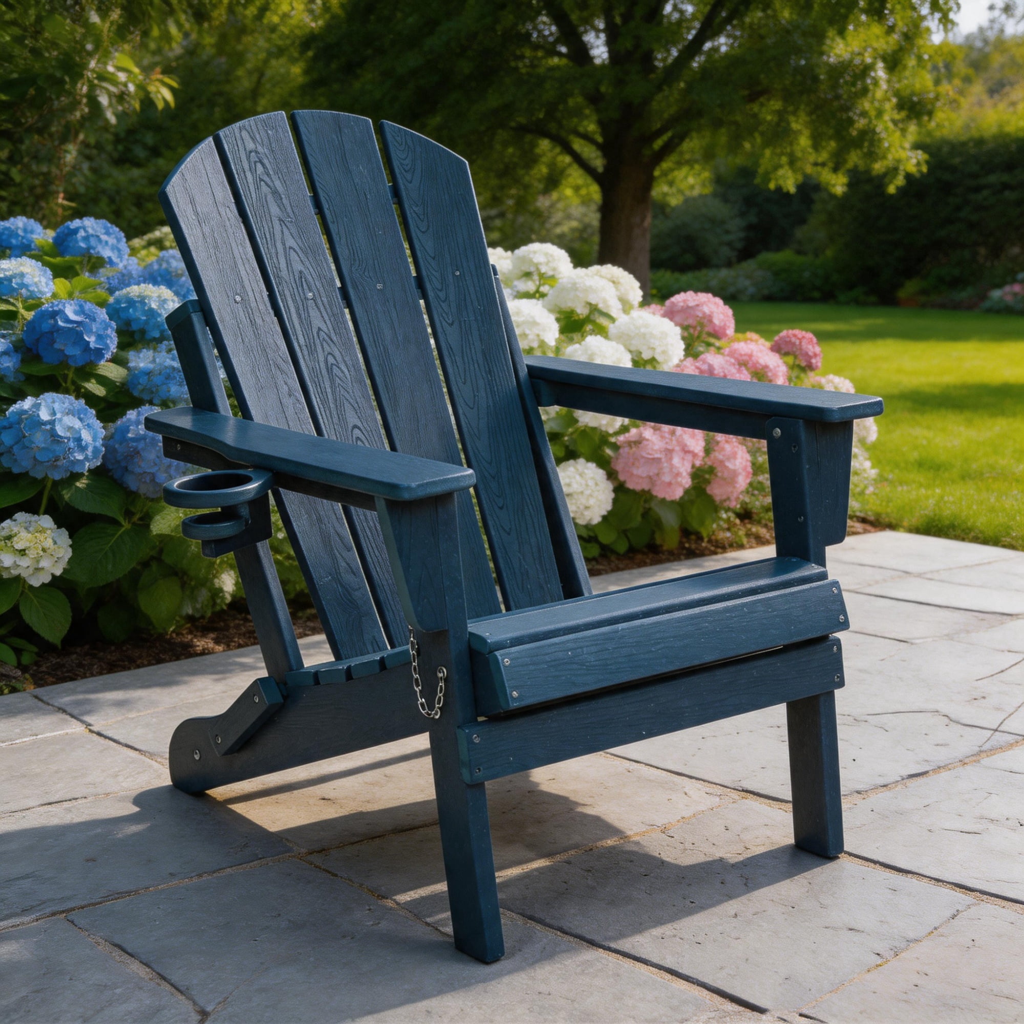 Adirondack Chair, Outdoor Chair, Folding Chair&nbsp;with Dual Cup Holder, HDPE Composite Folding Design and Wood Texture for Patio, Garden, Deck, Navy Blue