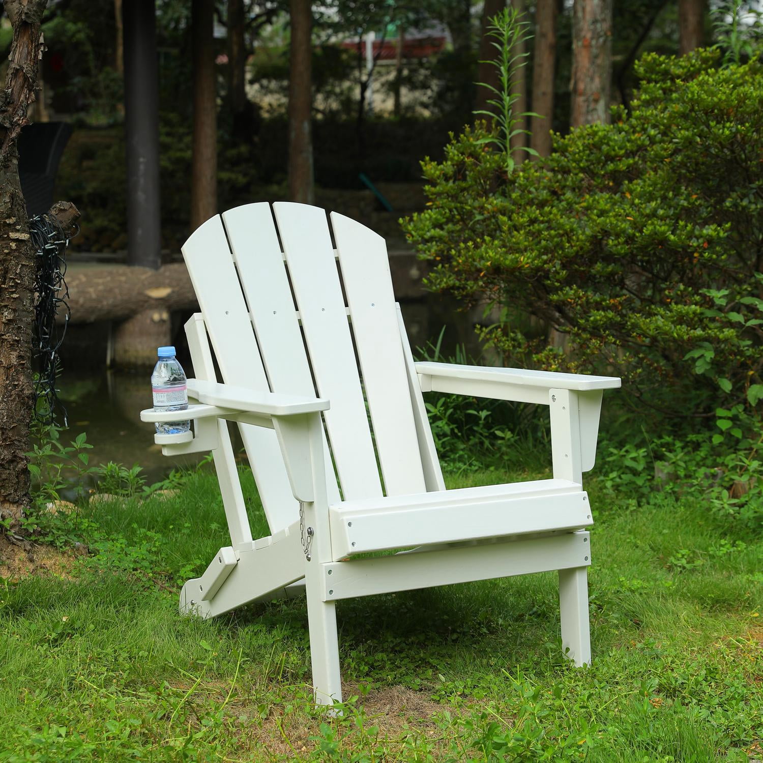Adirondack Chair, Outdoor Chair, Folding Chair&nbsp;with Dual Cup Holder, HDPE Composite Folding Design and Wood Texture for Patio, Garden, Deck, White