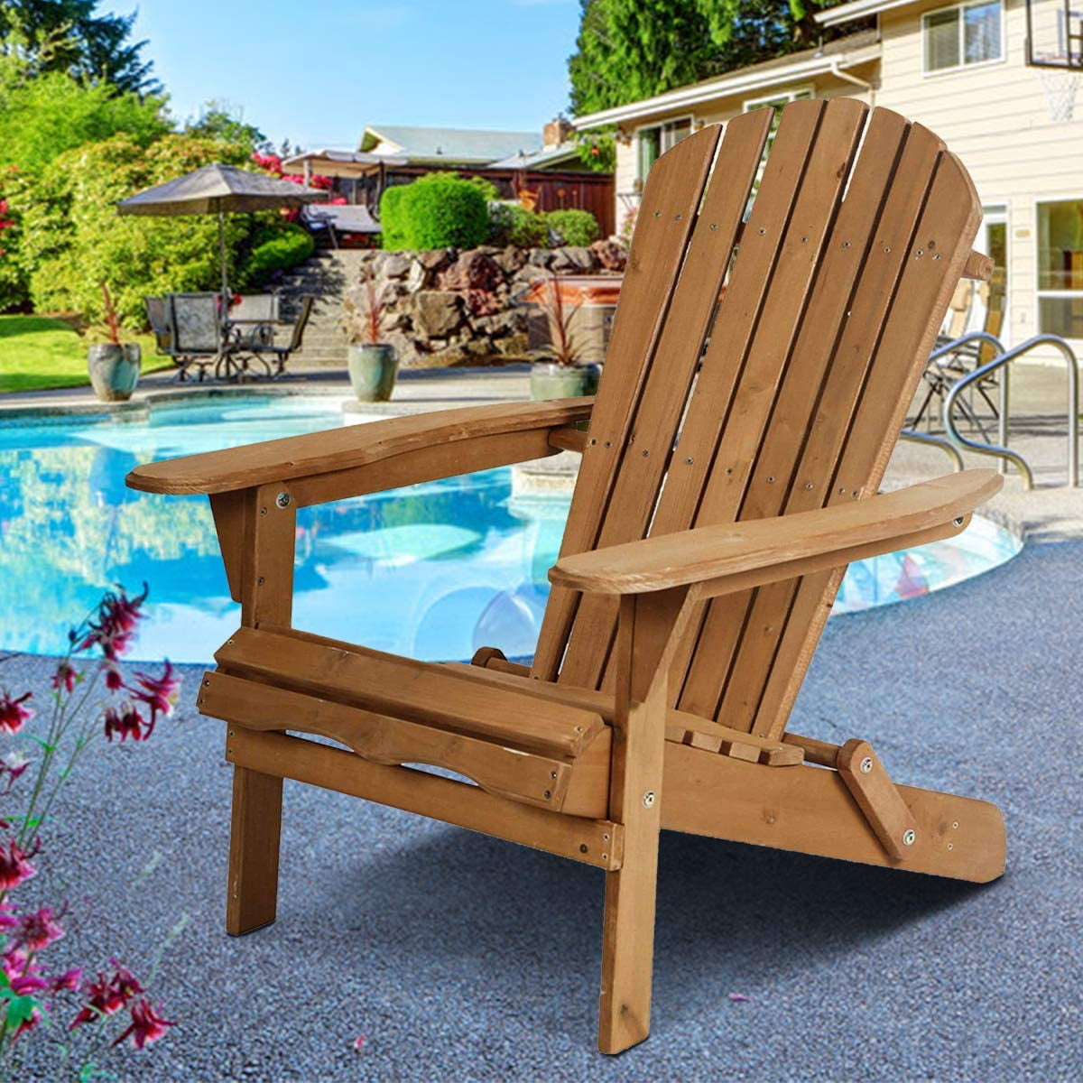 Adirondack Chair Outdoor Patio Chairs Folding Wooden Accent Lounger Chair with Arms, All-Weather Furniture Seating for Garden Porch Deck Backyard,Natural