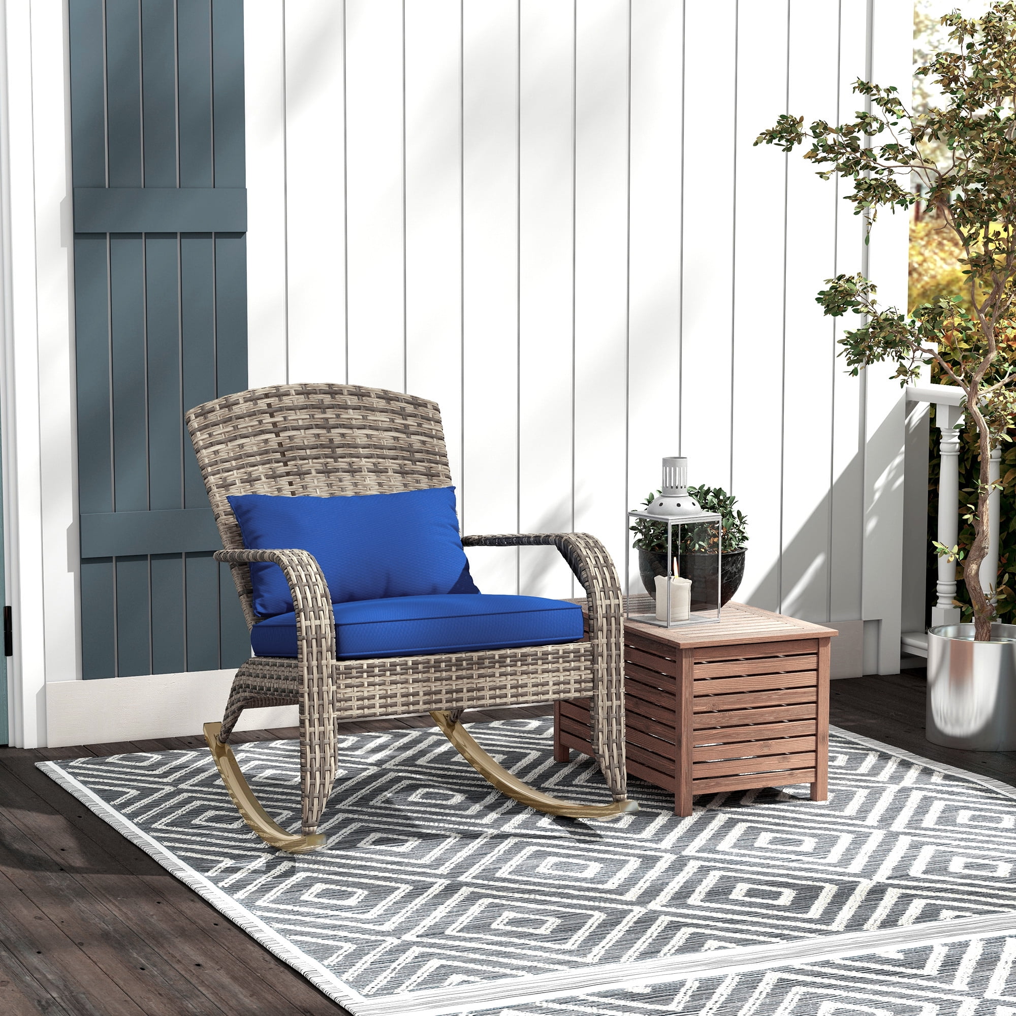 Adirondack Chair, Outdoor Wicker Rocking Chair with High Back, Seat Cushion, and Pillow for Porch, Balcony, Dark Blue