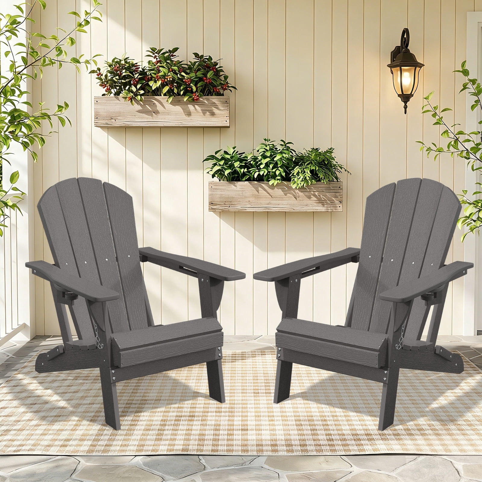 Easthome Adirondack Chair Set of 2, HDPE All-Weather Patio Chairs with Cup Holder & 380lb Capacity, Outdoor Lawn Chairs for Deck, Garden, Poolside, Patio - Gray