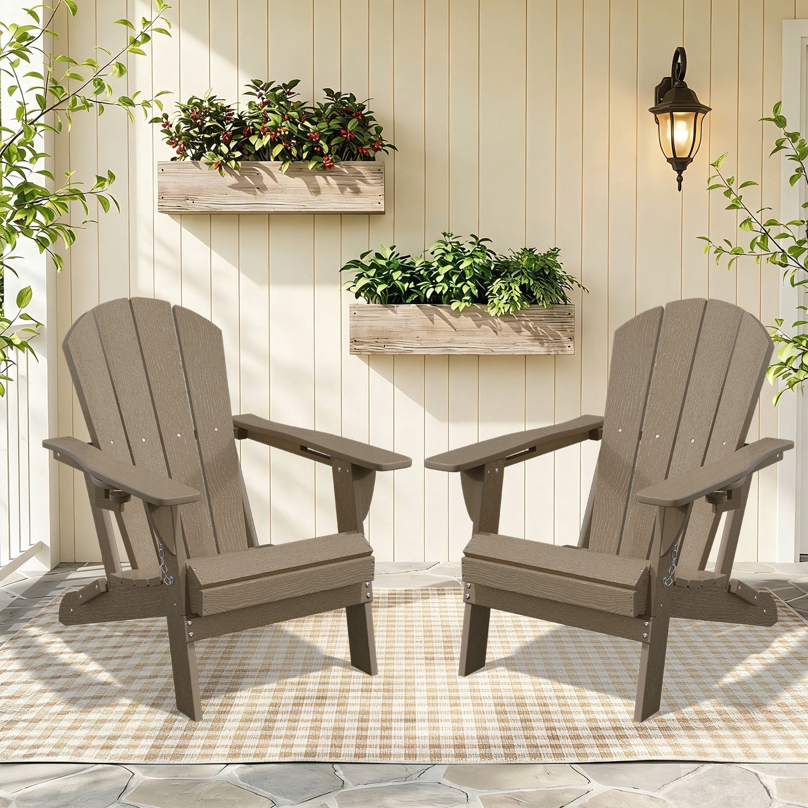 Easthome Adirondack Chair Set of 2, HDPE All-Weather Patio Chairs with Cup Holder & 380lb Capacity, Outdoor Lawn Chairs for Deck, Garden, Poolside, Patio - Brown