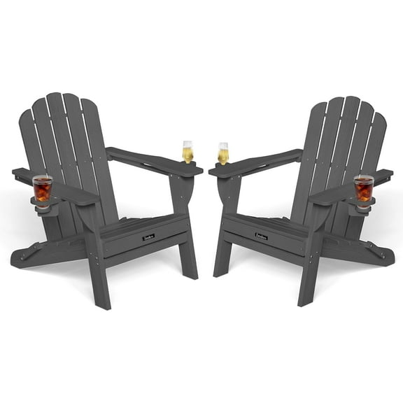 Adirondack Chair Set of 2, 5-Slatted All-Weather Outdoor Adirondack Chair, Wood Texture Lawn Chair for Fire Pit, Patio, Garden, Poolside, Grey