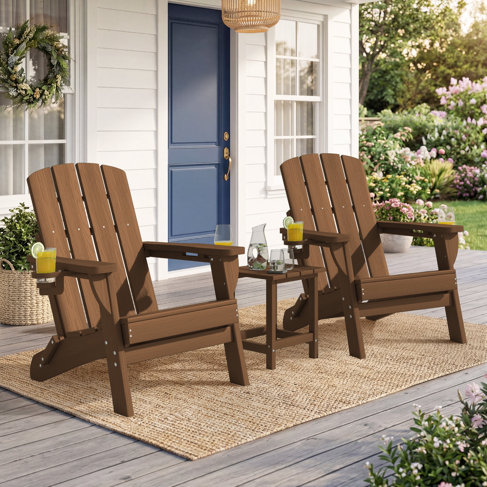 Adirondack Chair Set of 2, Outdoor Folding All-Weather HDPE Adirondack Chairs with 2 Cup Holders for Patio, Brown