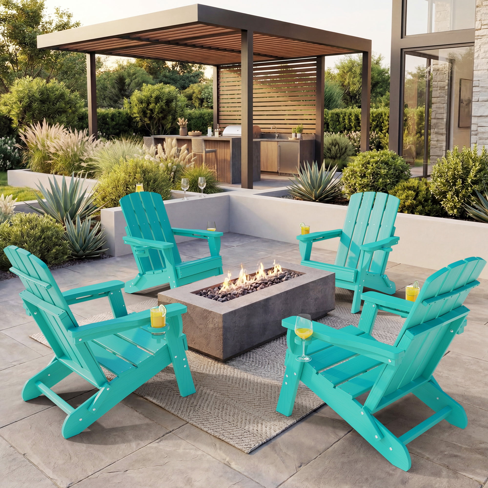 Adirondack Chair Set of 4, Outdoor Folding All-Weather HDPE Adirondack Chairs with 2 Cup Holders for Patio, Aqua