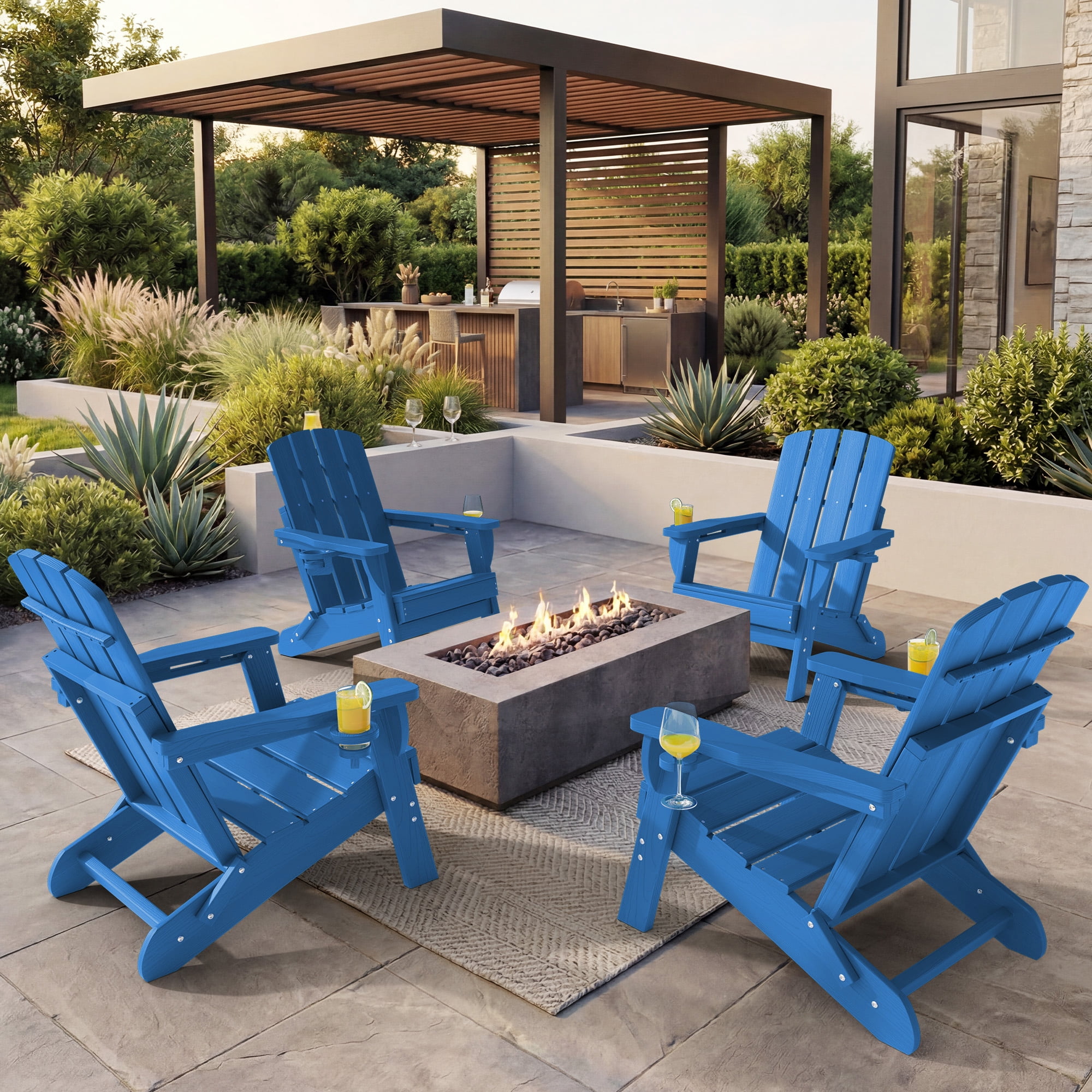 Adirondack Chair Set of 4, Outdoor Folding All-Weather HDPE Adirondack Chairs with 2 Cup Holders for Patio, Blue