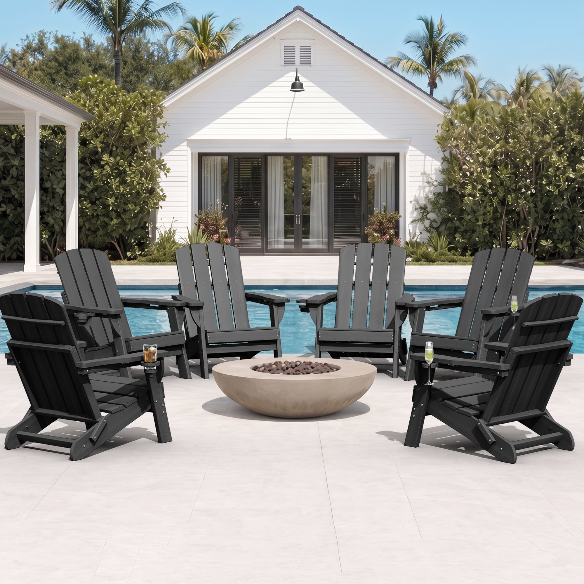 Adirondack Chair Set of 6, Outdoor Folding All-Weather HDPE Adirondack Chairs with 2 Cup Holders for Patio, Black