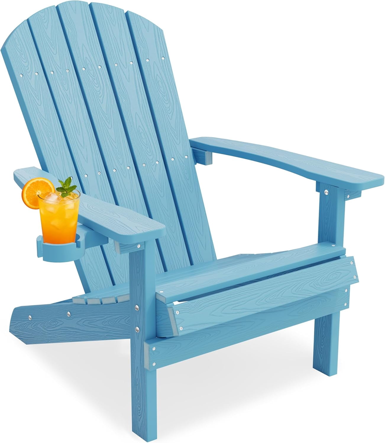 Adirondack Chair Weather Resistant: Outdoor Chair HIPS Plastic Adirondack Chairs - Patio Chairs with Cup Holder & Wood Texture - Lawn Fire Pit Deck Porch Garden Chairs for Adults (Blue)