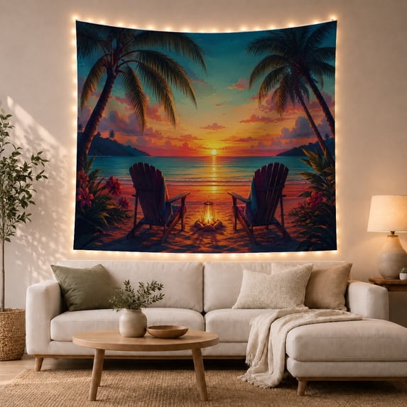 Adirondack Chairs on Sandy Beach with Sunset and Palm Trees, Romantic Coastal for Beach Lovers, Tropical Wall Art, Housewarming Gift Tapestry Wall Hanging for Bedroom and Living Room