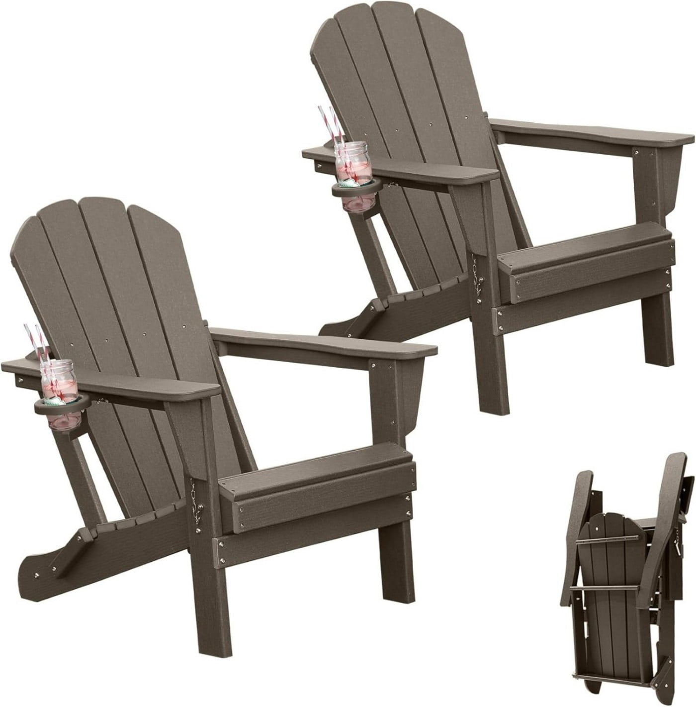 Adirondack Chairs Set of 2, Folding HDPE Outdoor Chairs with Cup Holders, Weather Resistant Patio Chairs with Wood Grain Finish for Lawn, Deck, Fire Pit, Brown