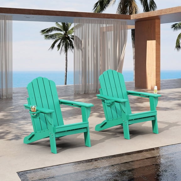 Adirondack Chairs Set of 2, Folding All-Weather HDPE Plastic Patio Chairs, Aqua