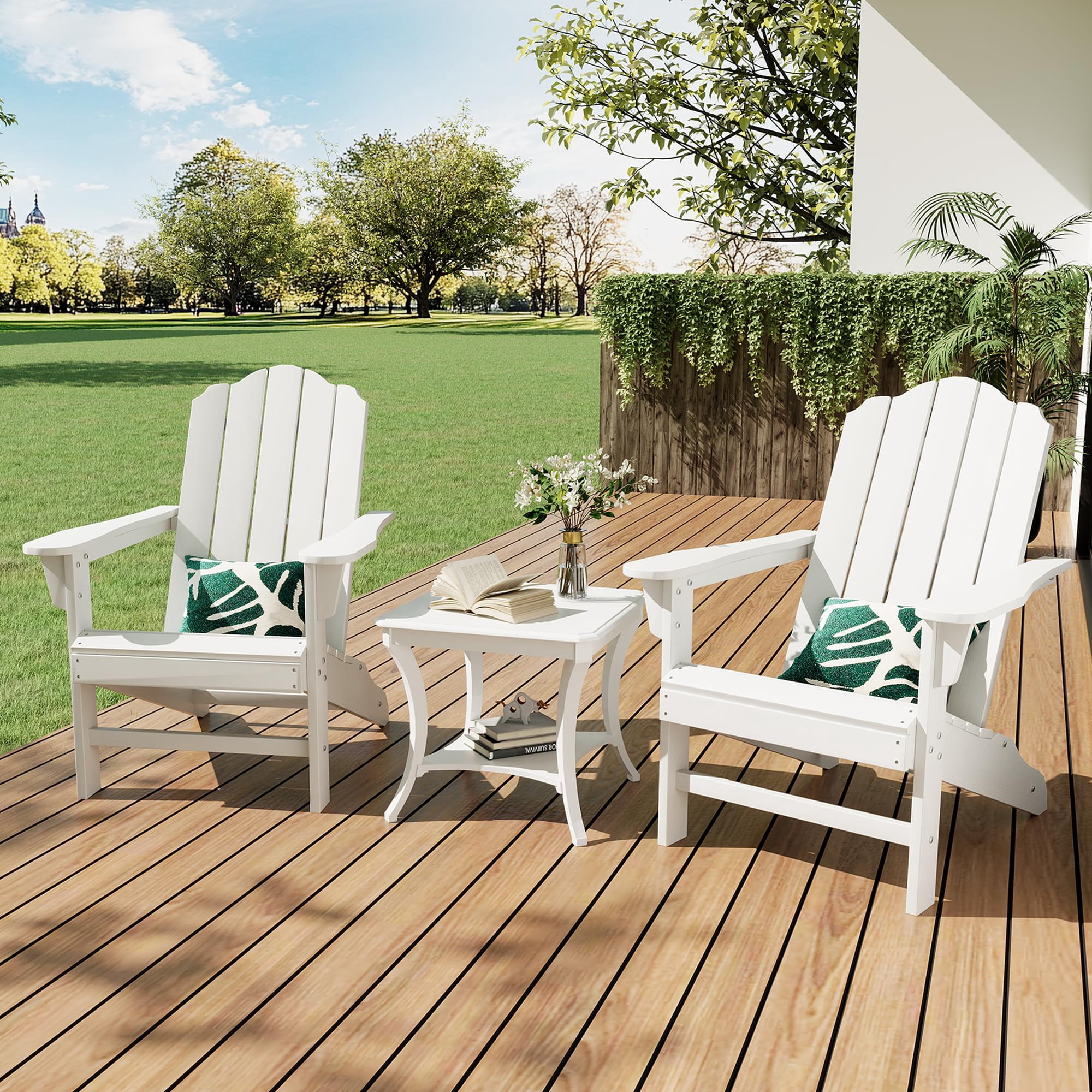 Adirondack Chairs Set of 2, Weather-Resistant HDPE Patio Lounge Furniture,Wood Grain Outdoor Chairs for Garden, Deck, Backyard, Poolside, White