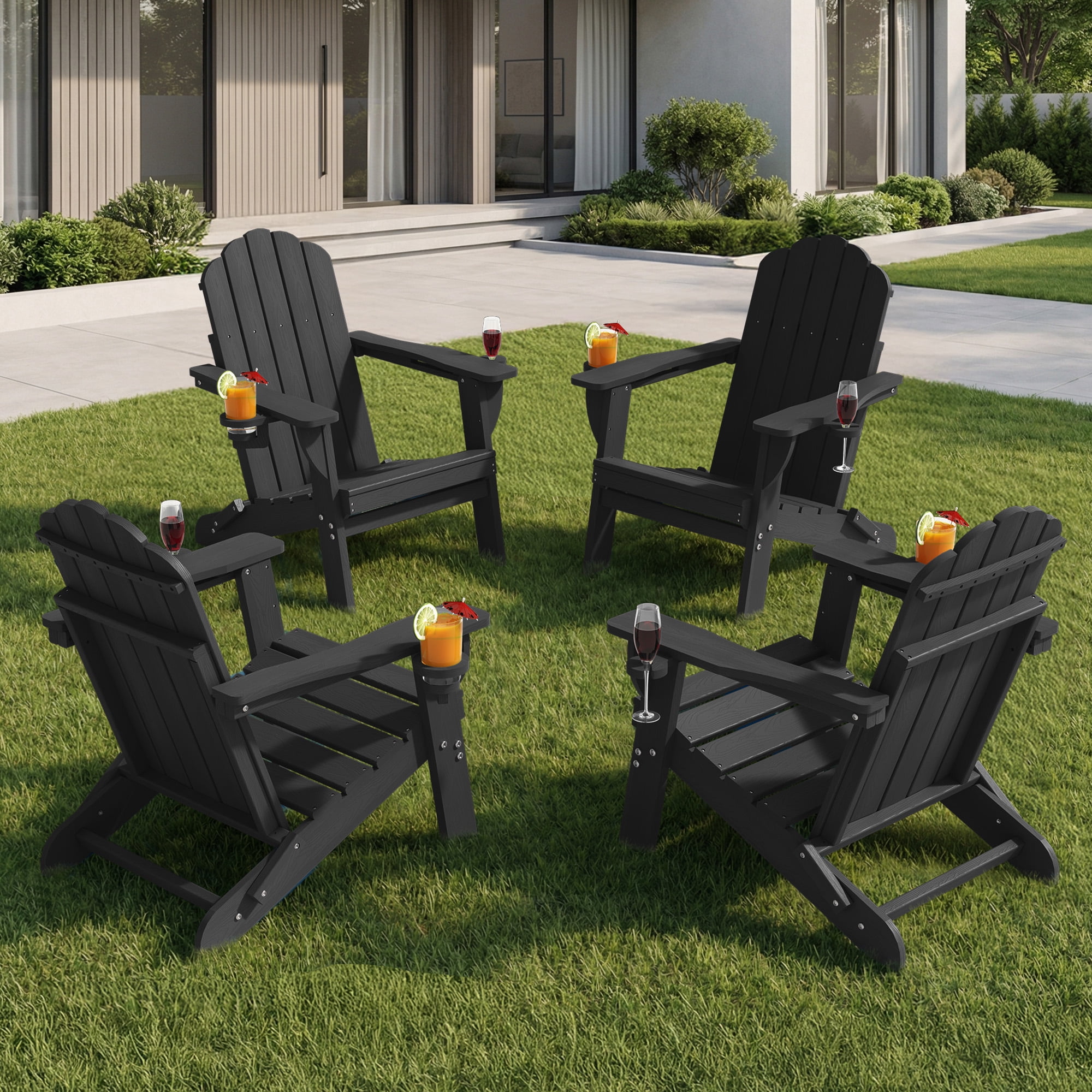 Adirondack Chairs Set of 4, Folding All-Weather HDPE Plastic Patio Chairs, Black