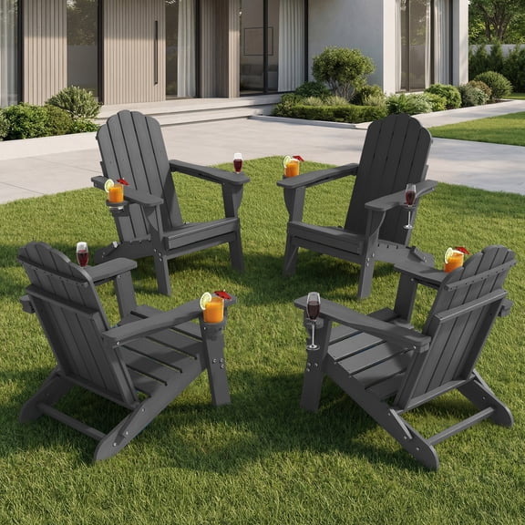 Adirondack Chairs Set of 4, Folding All-Weather HDPE Plastic Patio Chairs, Gray