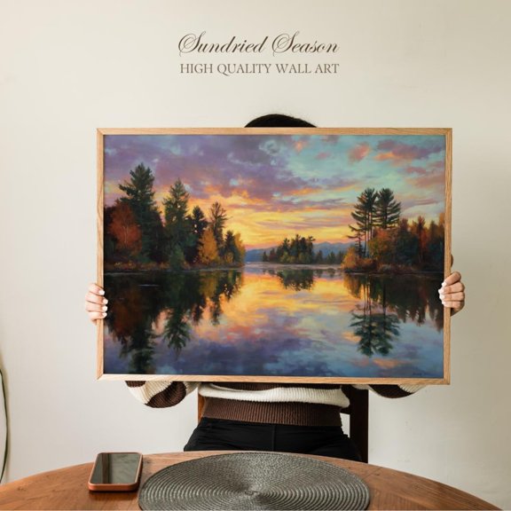 Adirondack Lake Sunset Art Autumn Forest Reflection Mountain Landscape Decor, Unframed Paper Poster 8x10in