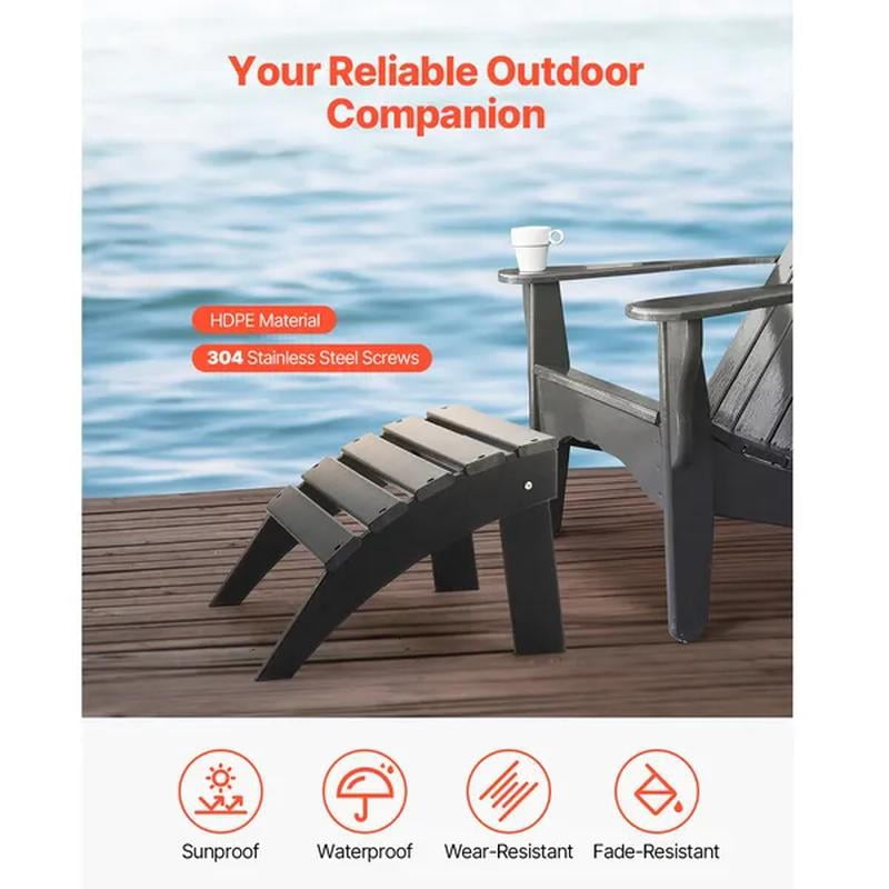 Adirondack Ottoman, HDPE Plastic Folding Ottoman, Weather-Resistant Foot Rest for Adirondack Chair, Used for Outside Porch Pool Lawn Backyard, Black