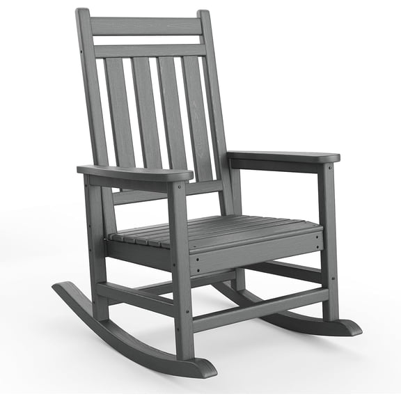 Adirondack Outdoor Rocking Chair, All Weather HDPE Plastic Patio Rocker Chair with Wide Armrests, Classic Fire Pit Chair for Porch, Deck, Lawn, Garde, 380LBs, Easy to Install, Grey