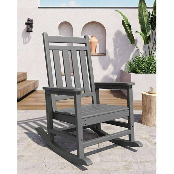 Adirondack Outdoor Rocking Chair, All Weather HDPE Plastic Patio Rocker Chair with Wide Armrests, Classic Fire Pit Chair for Porch, Deck, Lawn, Garde, 380LBs, Easy to Install