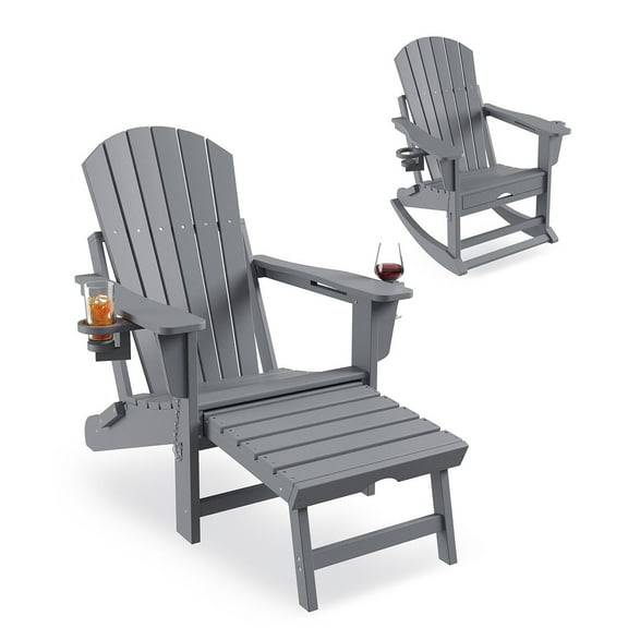 Adirondack Outdoor Rocking Chairs for Porch,Folding Adirondack Rocker Chair With Two Cup Holders,Multifunctional Patio Chair with Retractable Ottoman,HDPE All Weather Outdoor Adirondacks Rocking Chair